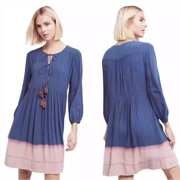[Anthropologie] Holding Horses Blue Dip Dye Tie Front Peasant Mini Dress Size 14 - Picture 12 of 12